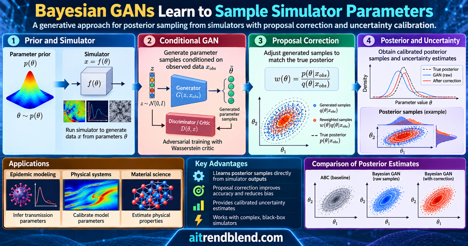 Bayesian GAN workflow showing simulated parameter and data pairs training a conditional generator and critic before sampling parameters for observed data