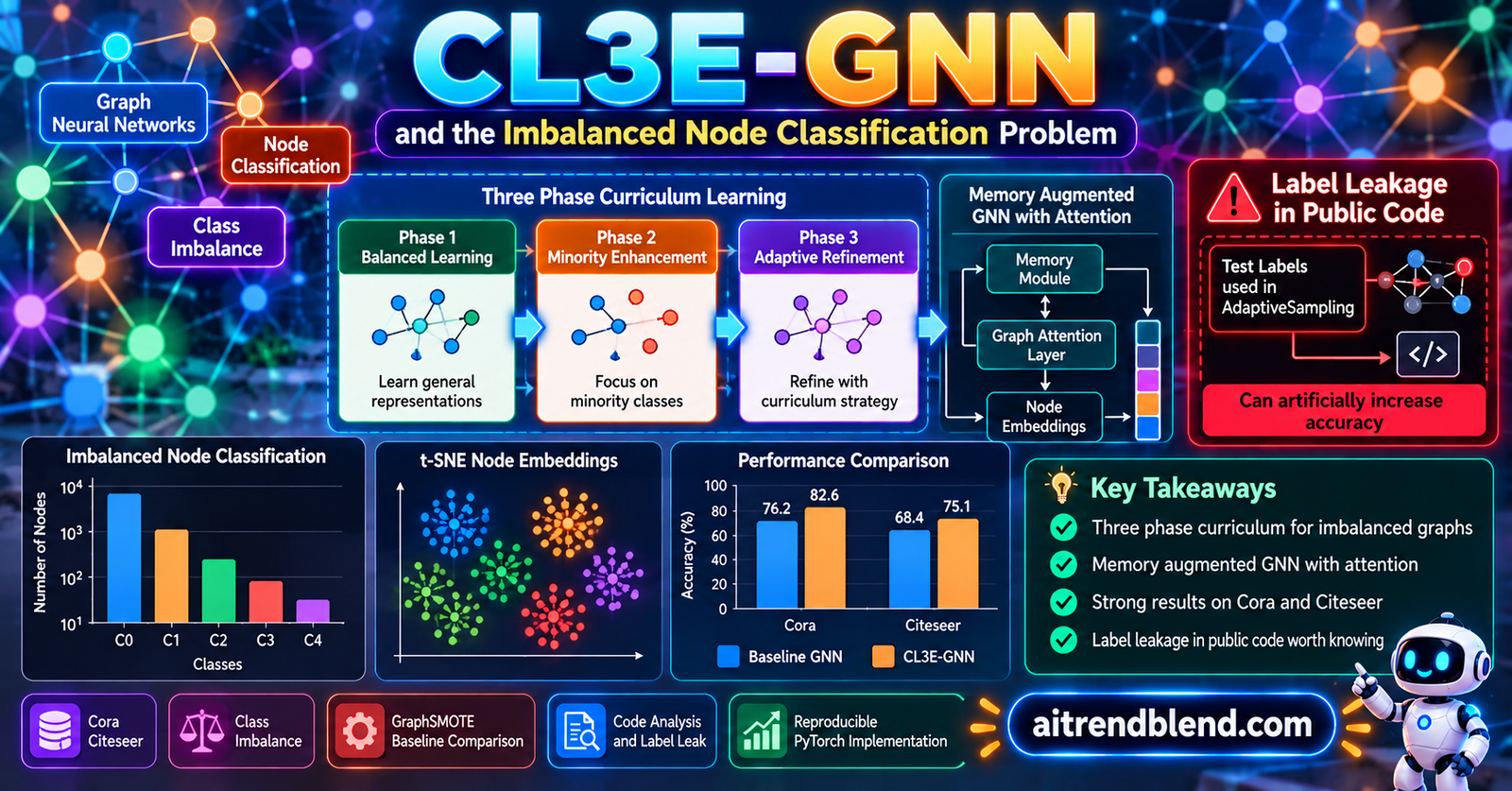 CL3E-GNN imbalanced node classification diagram with a citation graph where a few minority class nodes are surrounded by majority neighbours, passing through Engage, Enact and Embed curriculum phases of a graph neural network