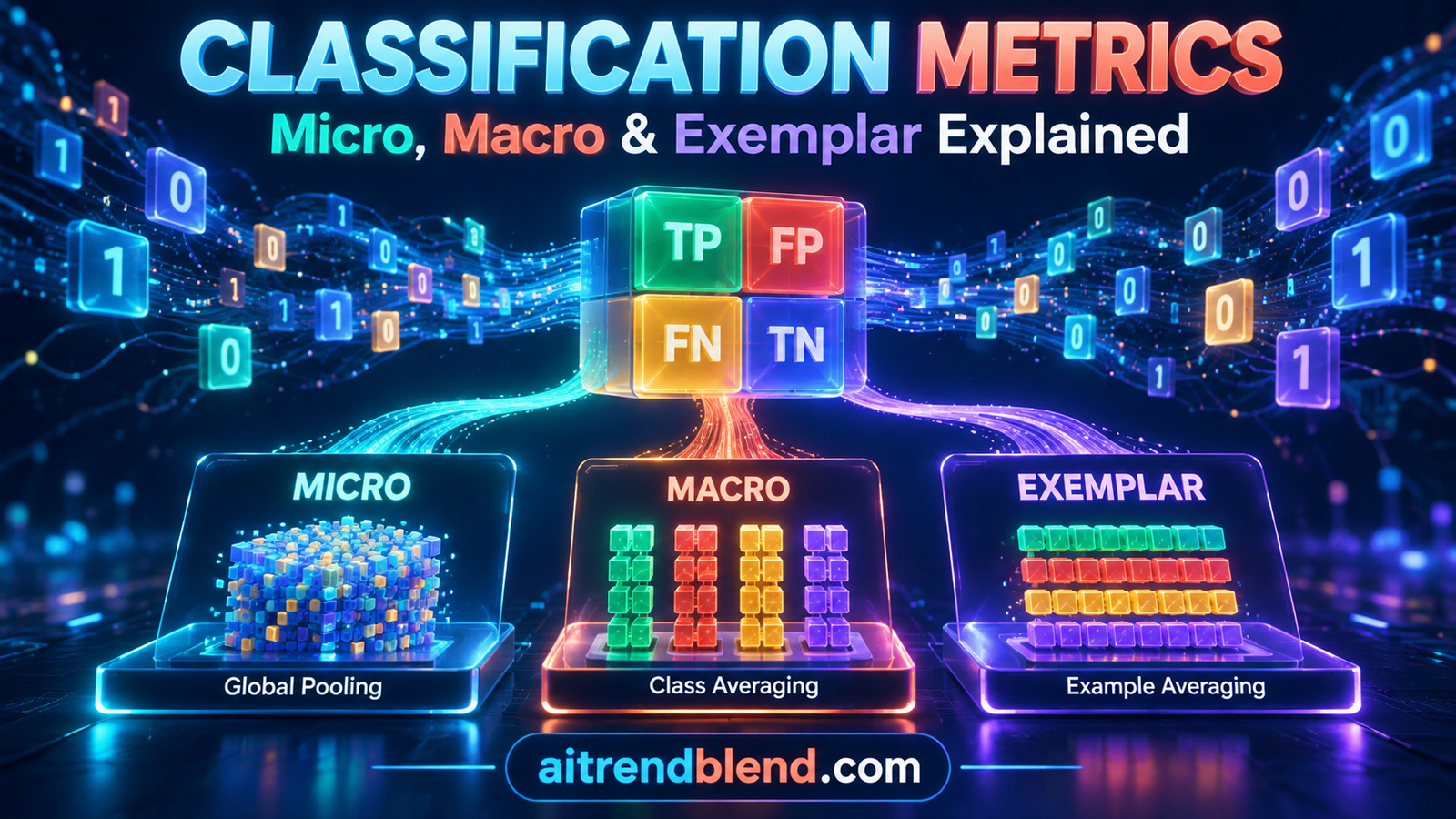 Classification metrics unified diagram showing actual and predicted label indicator matrices combined into true positive, false positive, false negative and true negative matrices, then summed globally, by column and by row to give micro, macro and exemplar averaged precision, recall and F1