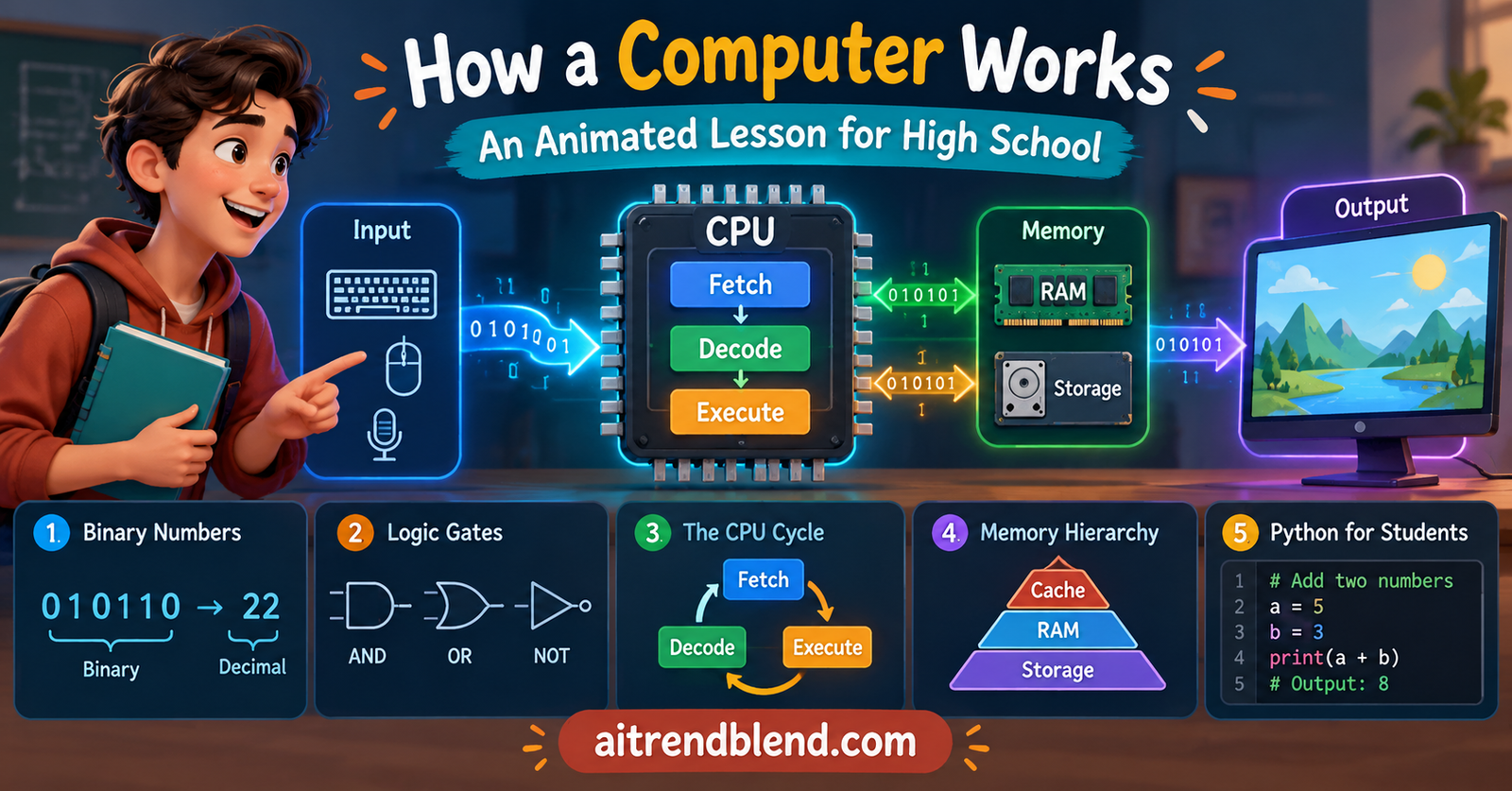 High school computer lesson illustration showing binary bits, logic gates, a CPU chip and RAM connected by glowing data paths