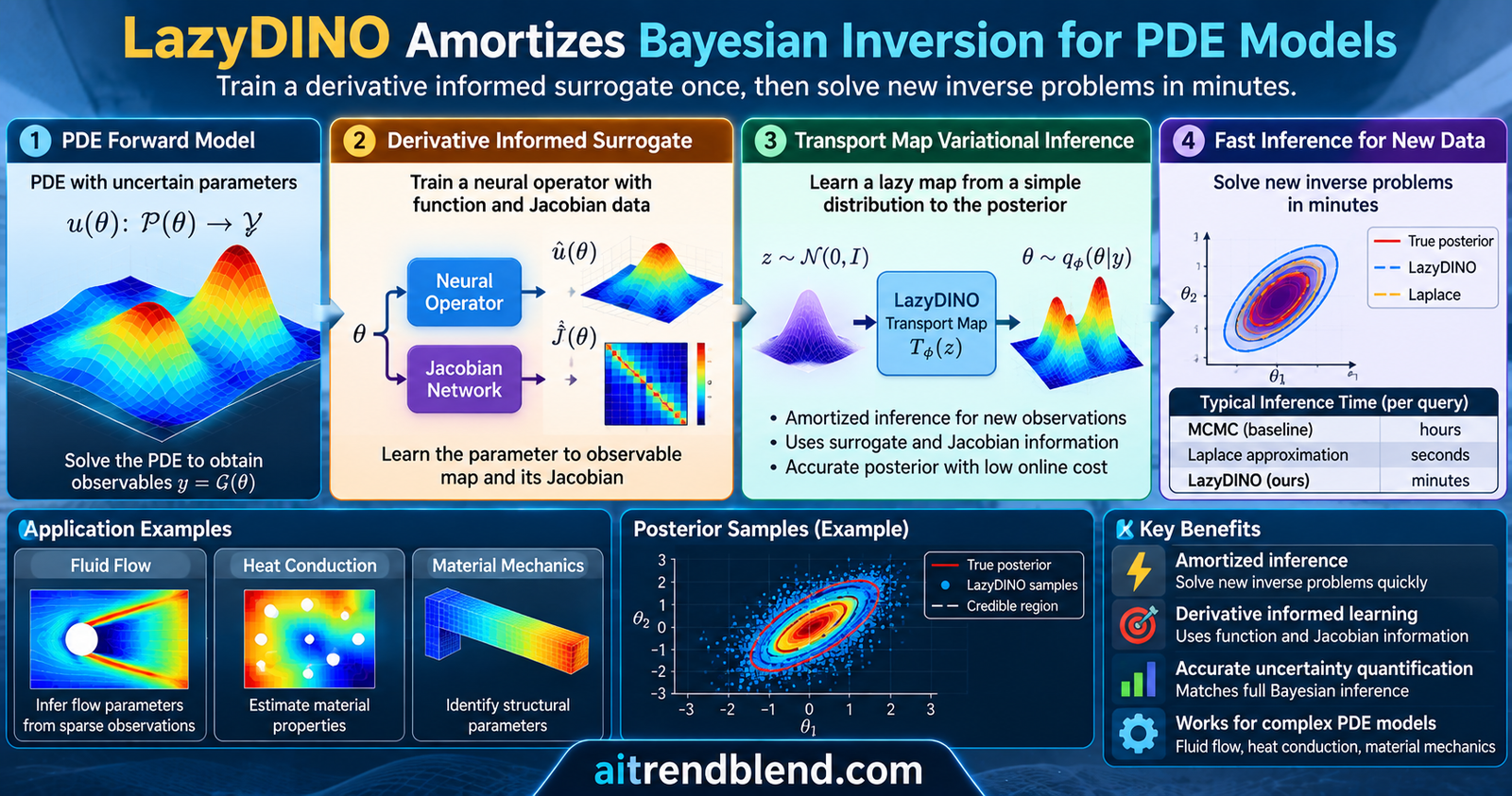 LazyDINO workflow with an offline derivative informed surrogate and an online lazy transport map for Bayesian inversion of a PDE model, from the 2026 JMLR paper by Cao, Chen, Brennan, O'Leary-Roseberry, Marzouk and Ghattas