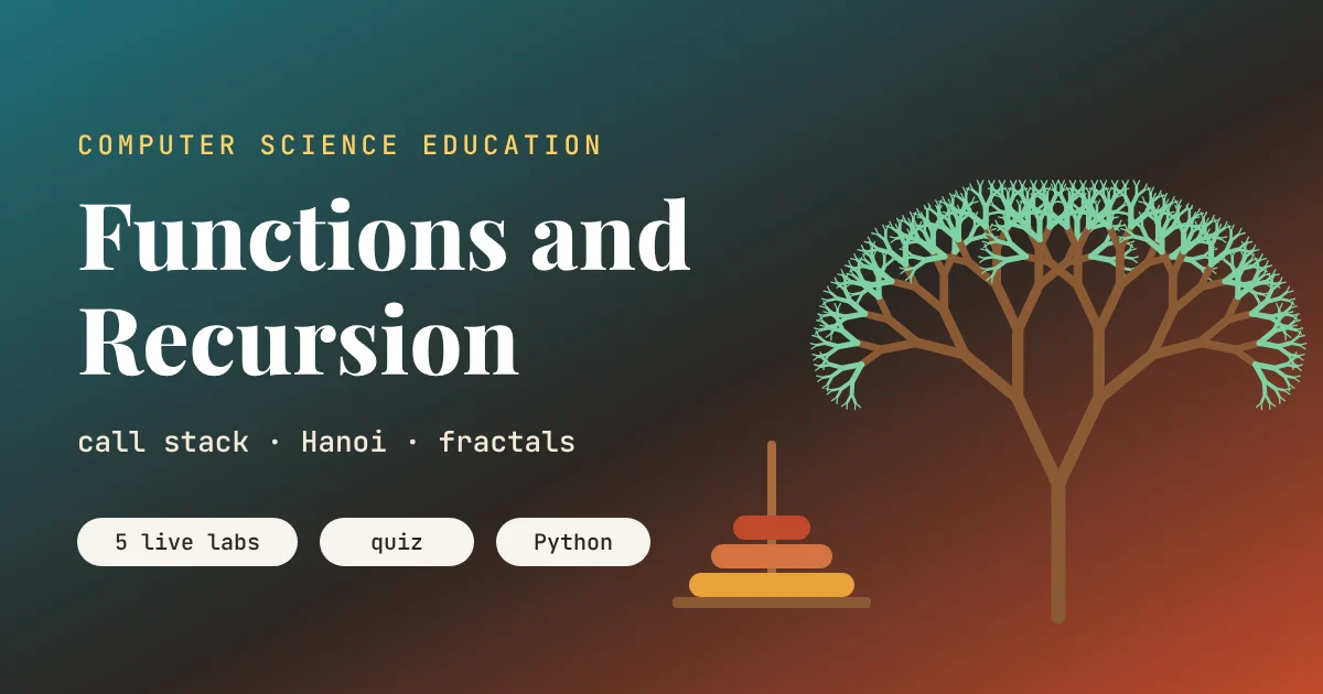 Animated functions and recursion lesson illustration with a fractal tree, stacked frames and Towers of Hanoi discs