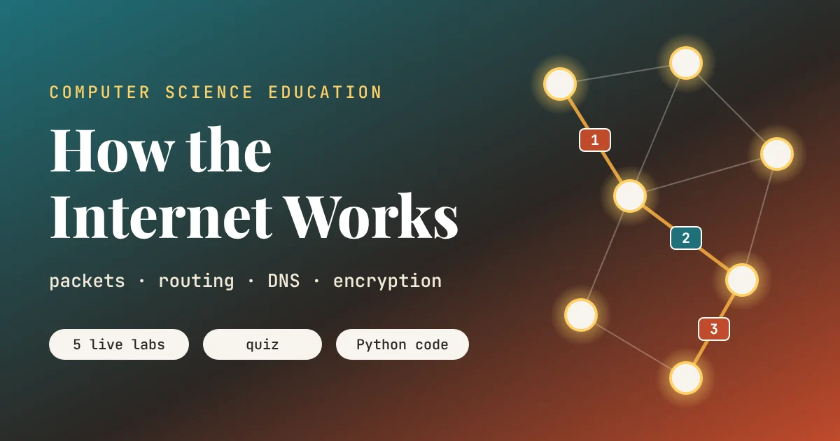 Animated lesson illustration of the internet, with data packets travelling between a laptop and a server through a mesh of routers